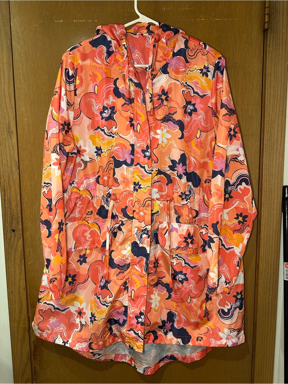 Vera Bradley Floral Coral Pink Hooded Utility Jacket with Navy Accents